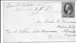 Cool Well, November 27, 1873; manuscript postmark with 1873 3 cent green Washington stamp