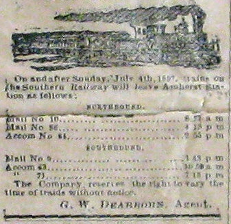 Schedule for the Southern Railway, as published in the Amherst New Era, 1897.  Note the agent is G.W. Dearborn, who lent his name to the community near the depot until the Town of Amherst incorporated and absorbed Dearborn