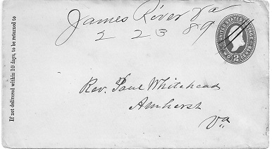 James River, February 23, 1889; with 1887 2 cent green Washington stamped envelope