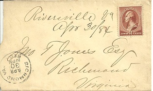 Riverville, April 30, 1884; manuscript postmark; with 1881 2 cent red brown Washington stamp