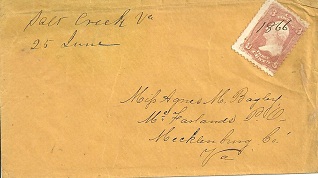 Salt Creek, June 25, 1866; manuscript postmark; with 1861 3 cent brown red Washington stamp