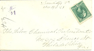 Sandidges, November 19, 1881; manuscript postmark with 1881 3 cent green Washington stamp