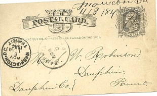Snowden, November 3, 1884; manuscript postmark, with on 1874 1 cent black Liberty postal card