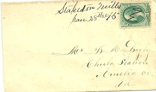Stapleton Mills, January 28, 1875; manuscript postmark; with 1873 3 cent green Washington stamp