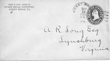 Sweet Briar Institute, September 12, 1907; with 1907 2 cent carmine Washington stamped envelope