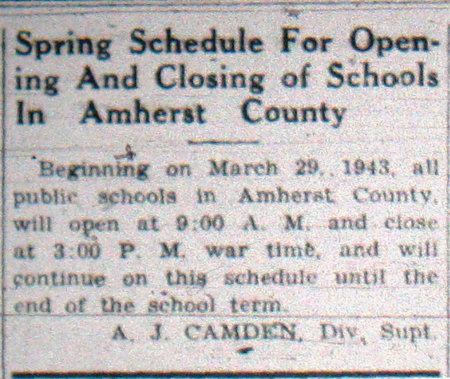 The Amherst New Era-Progress announced that on March 29, 1943, the schools would be operating on 