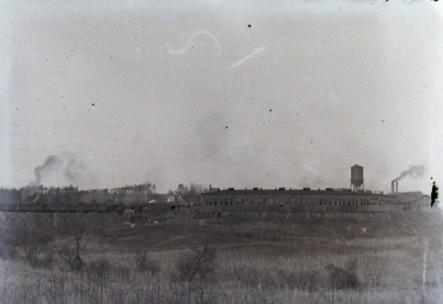 Monroe: Southern Railroad roundhouse viewed from the west across Harris Creek